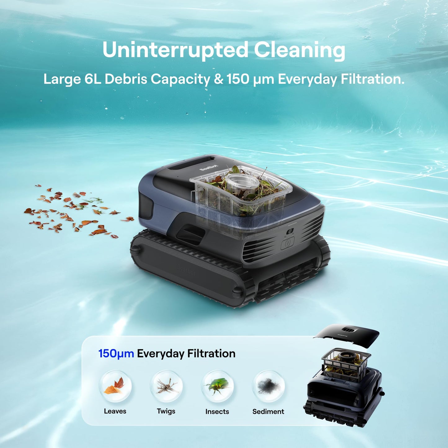 Sora 70 Pool Vacuum Robot, 360° Top-to-Bottom Cleaning, Smart Surface Parking, 6L Capacity, 6800GPH Super Power for Above & In-Ground Pools Up to 3,200 sq. ft, Navy Blue