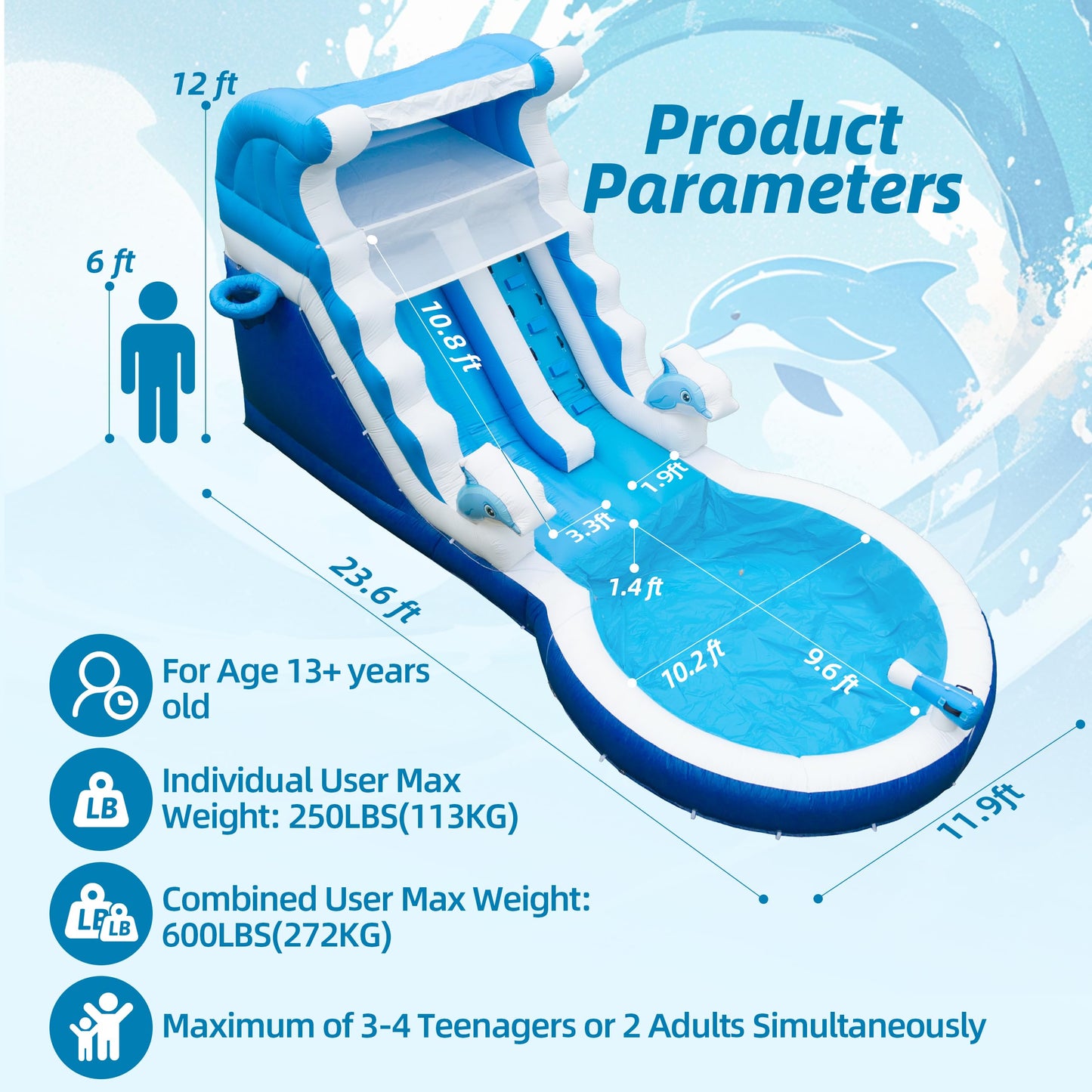 Inflatable Water Slide Commercial Grade: Water Bounce House for Adults and Teenagers - Big Pool, Premium PVC, Wet & Dry, Blower Included - for Backyard Outdoor Birthday Party, Dolphin Style