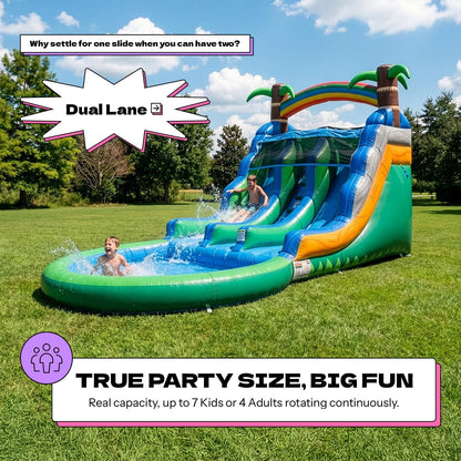 13ft Tropical Inflatable Wet Dry Dual Slide with Pool & Blower