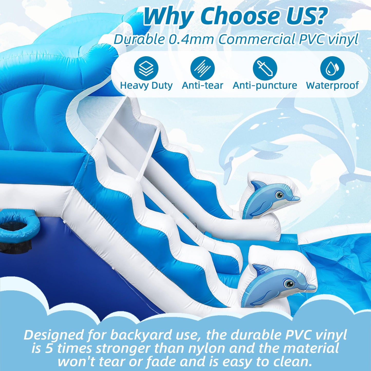 Inflatable Water Slide Commercial Grade: Water Bounce House for Adults and Teenagers - Big Pool, Premium PVC, Wet & Dry, Blower Included - for Backyard Outdoor Birthday Party, Dolphin Style