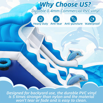 Inflatable Water Slide Commercial Grade: Water Bounce House for Adults and Teenagers - Big Pool, Premium PVC, Wet & Dry, Blower Included - for Backyard Outdoor Birthday Party, Dolphin Style