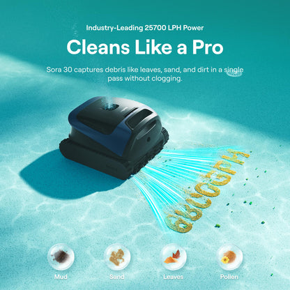 Sora 30 Pool Vacuum, Floor & Wall & Waterline & Platform Cleaning, 6800GPH Power, Smart Parking, 300Min Runtime, 5L Capacity, for Above & In-Ground Pools 3229 sq.ft, Deep Blue