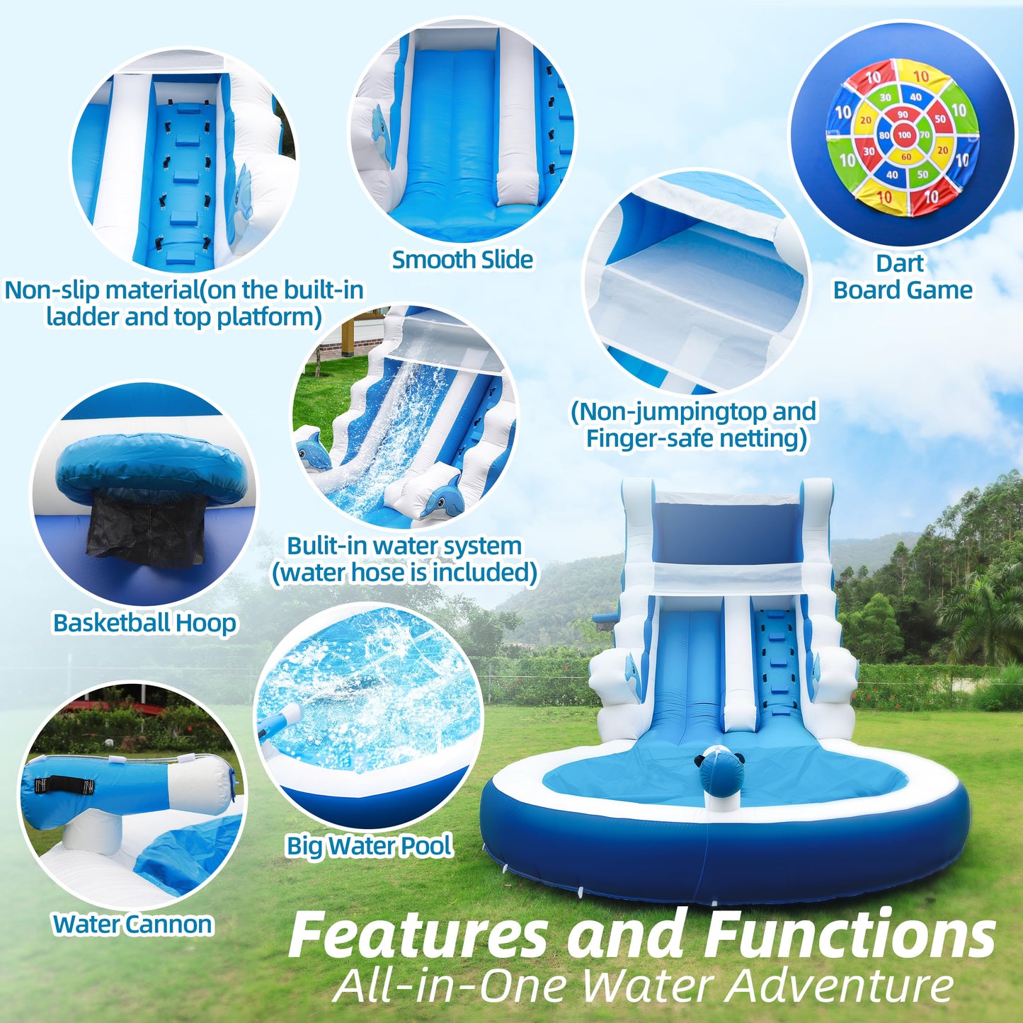 Inflatable Water Slide Commercial Grade: Water Bounce House for Adults and Teenagers - Big Pool, Premium PVC, Wet & Dry, Blower Included - for Backyard Outdoor Birthday Party, Dolphin Style