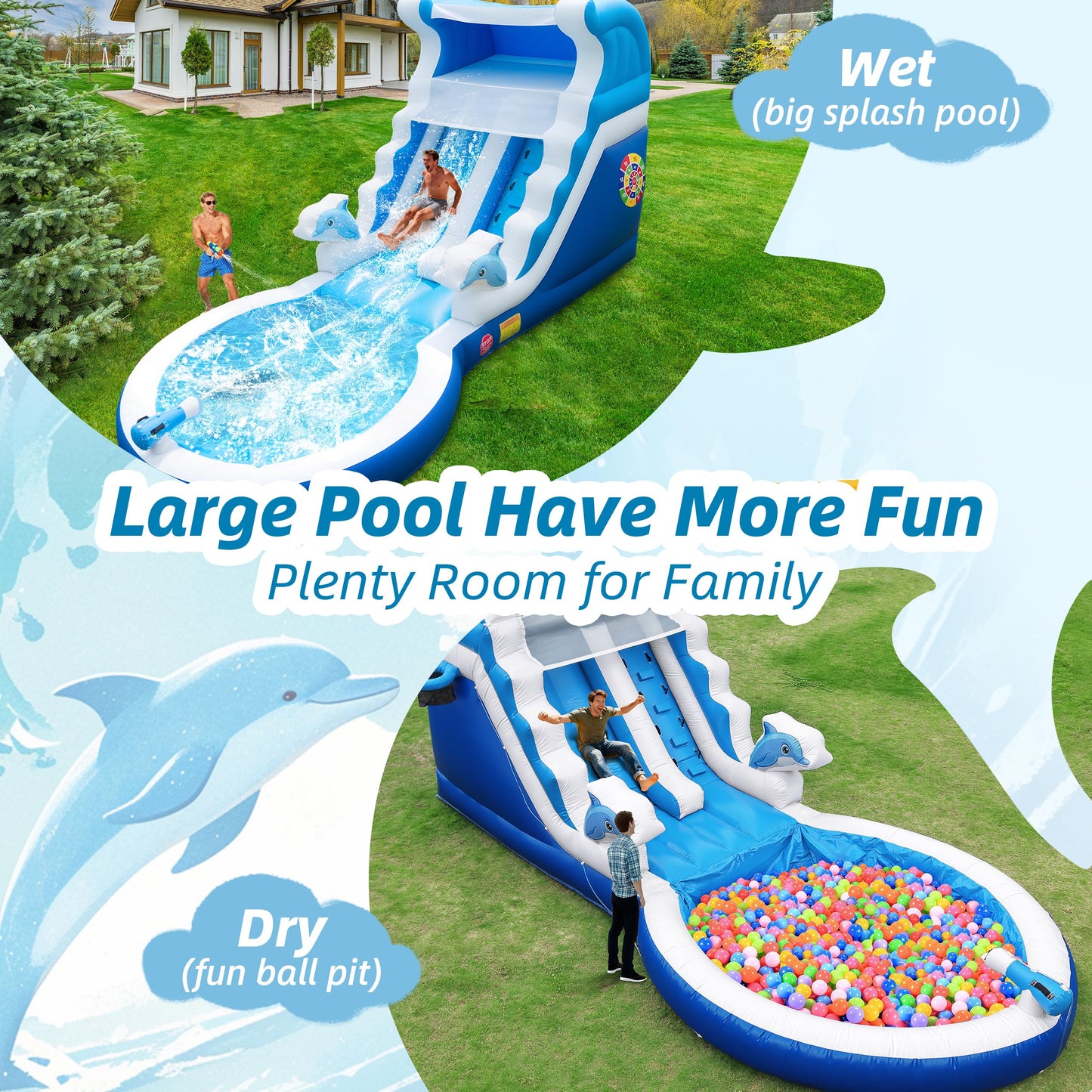 Inflatable Water Slide Commercial Grade: Water Bounce House for Adults and Teenagers - Big Pool, Premium PVC, Wet & Dry, Blower Included - for Backyard Outdoor Birthday Party, Dolphin Style