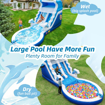 Inflatable Water Slide Commercial Grade: Water Bounce House for Adults and Teenagers - Big Pool, Premium PVC, Wet & Dry, Blower Included - for Backyard Outdoor Birthday Party, Dolphin Style