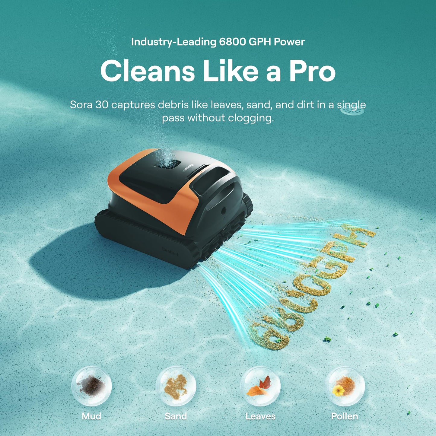 Sora 30 Pool Vacuum Robot, 4-in-1 Cleaner with Shallow-Area Cleaning, 6800GPH Power, Smart Surface Parking, 5L Capacity for Above & In-Ground Pools Up to 3229 sq. ft, Vibrant Orange