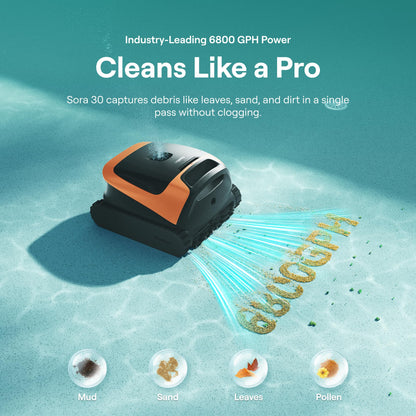 Sora 30 Pool Vacuum Robot, 4-in-1 Cleaner with Shallow-Area Cleaning, 6800GPH Power, Smart Surface Parking, 5L Capacity for Above & In-Ground Pools Up to 3229 sq. ft, Vibrant Orange