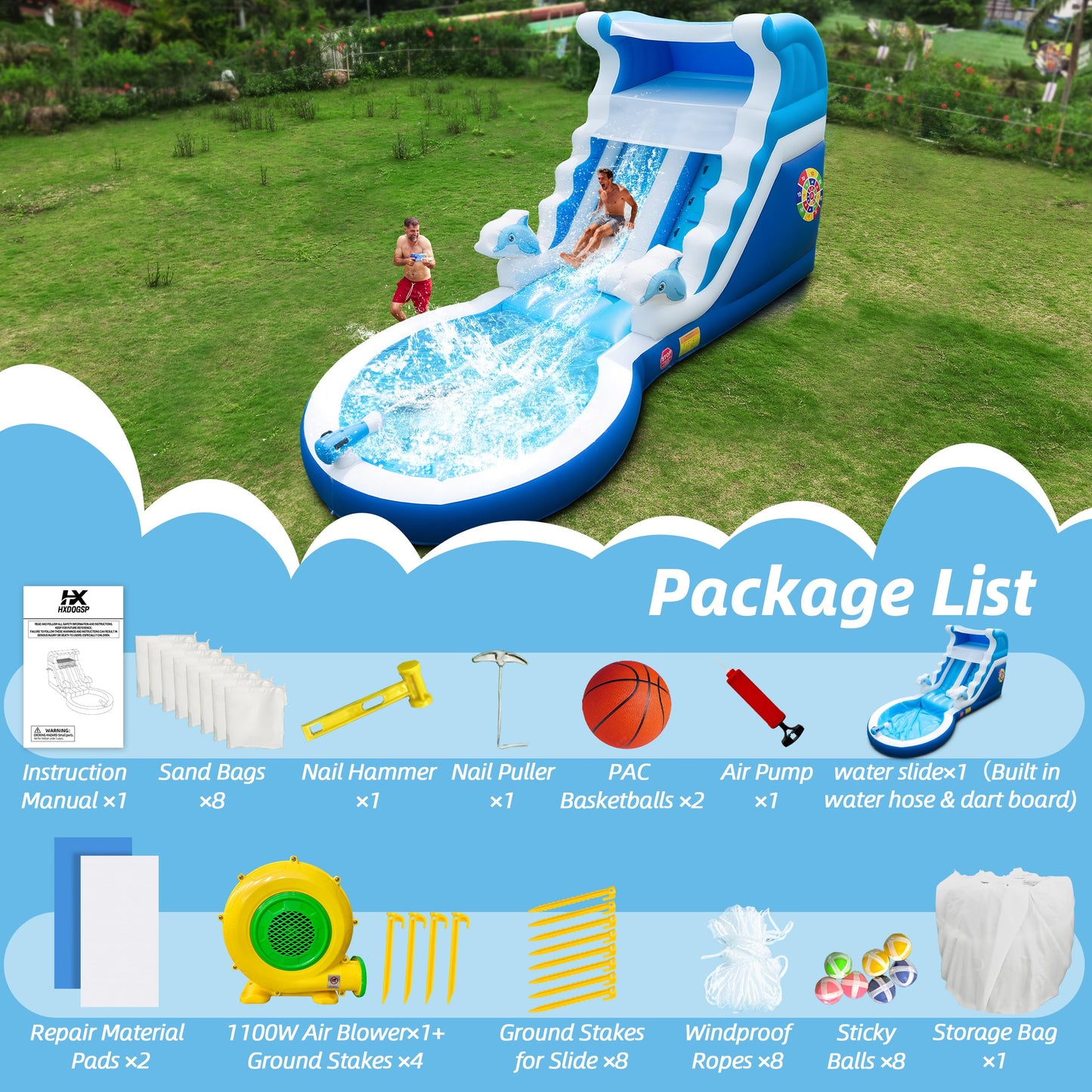 Inflatable Water Slide Commercial Grade: Water Bounce House for Adults and Teenagers - Big Pool, Premium PVC, Wet & Dry, Blower Included - for Backyard Outdoor Birthday Party, Dolphin Style