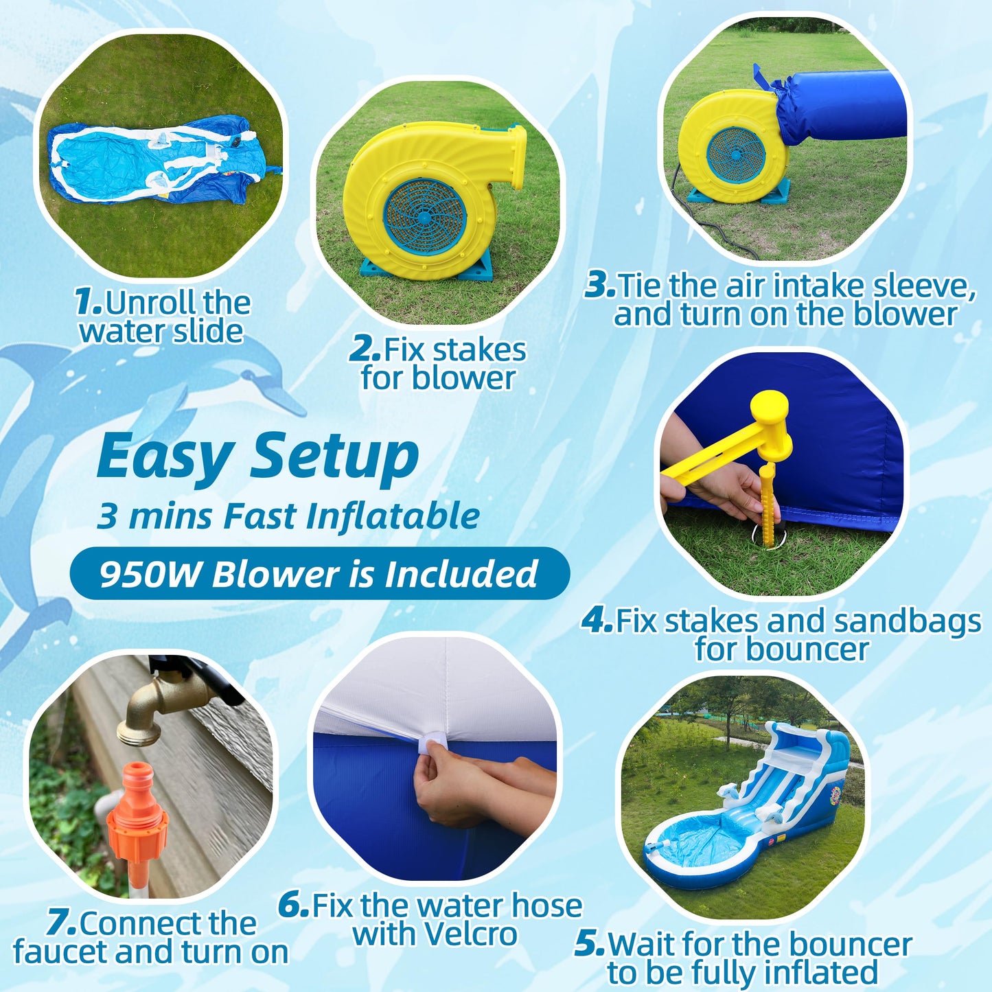 Inflatable Water Slide Commercial Grade: Water Bounce House for Adults and Teenagers - Big Pool, Premium PVC, Wet & Dry, Blower Included - for Backyard Outdoor Birthday Party, Dolphin Style