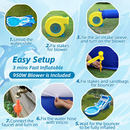 Inflatable Water Slide Commercial Grade: Water Bounce House for Adults and Teenagers - Big Pool, Premium PVC, Wet & Dry, Blower Included - for Backyard Outdoor Birthday Party, Dolphin Style