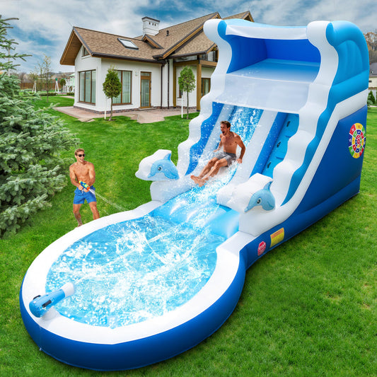 Inflatable Water Slide Commercial Grade: Water Bounce House for Adults and Teenagers - Big Pool, Premium PVC, Wet & Dry, Blower Included - for Backyard Outdoor Birthday Party, Dolphin Style